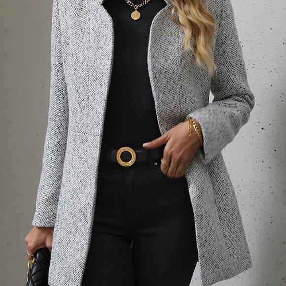 Grey Womens Plaid Pattern Flap Pocket Drop Shoulder Belted Tweed Overcoat - Picture 3 of 5